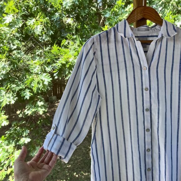 Chico's Women's White And Blue Striped 100% Linen Shirt Dress Size 0 (U.S. 4) - Picture 3 of 9